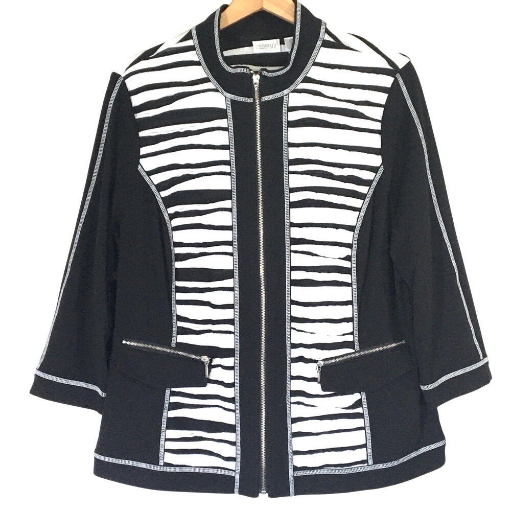 Chico's Zenergy Striped Full Zip Mock Neck Jacket 2 Black White